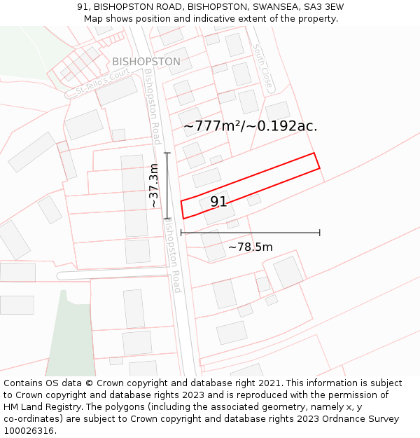 91, BISHOPSTON ROAD, BISHOPSTON, SWANSEA, SA3 3EW: Plot and title map