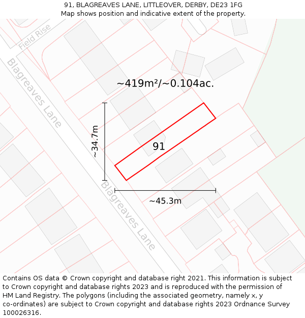 91, BLAGREAVES LANE, LITTLEOVER, DERBY, DE23 1FG: Plot and title map