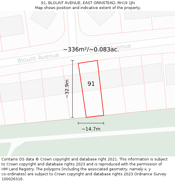 91, BLOUNT AVENUE, EAST GRINSTEAD, RH19 1JN: Plot and title map