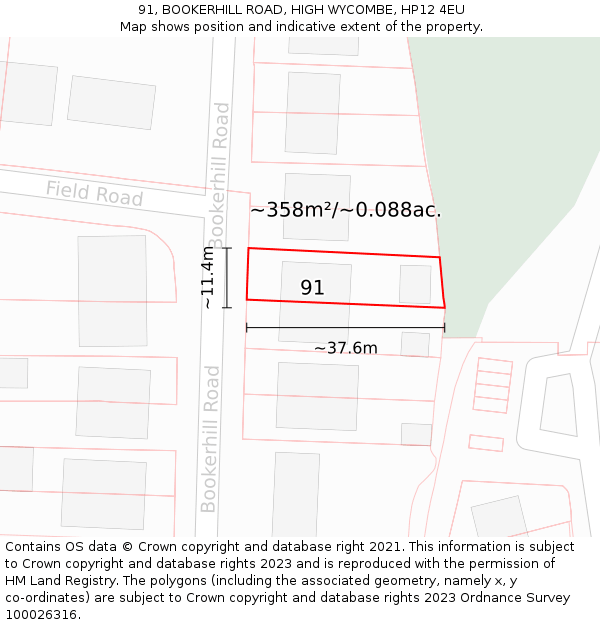 91, BOOKERHILL ROAD, HIGH WYCOMBE, HP12 4EU: Plot and title map