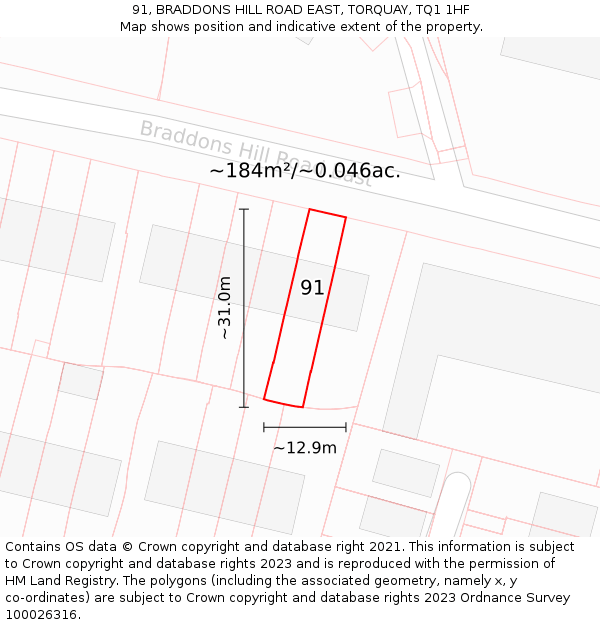 91, BRADDONS HILL ROAD EAST, TORQUAY, TQ1 1HF: Plot and title map