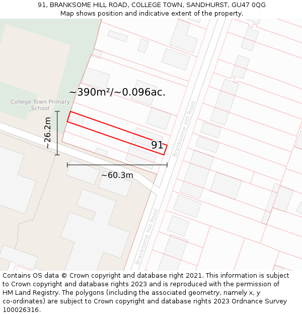 91, BRANKSOME HILL ROAD, COLLEGE TOWN, SANDHURST, GU47 0QG: Plot and title map