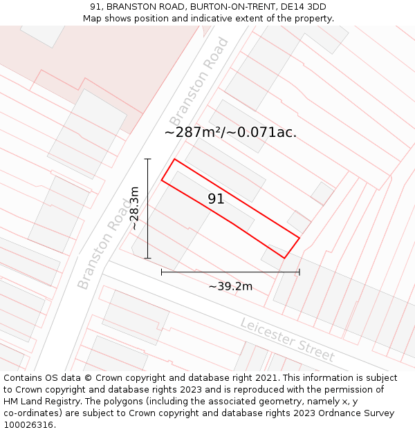 91, BRANSTON ROAD, BURTON-ON-TRENT, DE14 3DD: Plot and title map