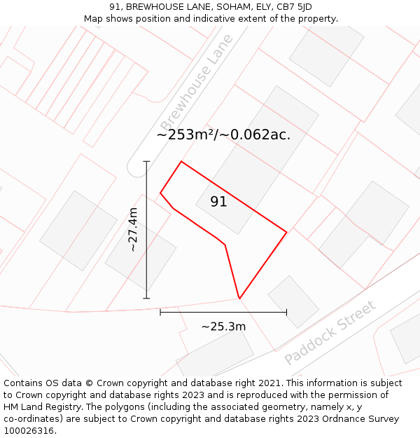 91, BREWHOUSE LANE, SOHAM, ELY, CB7 5JD: Plot and title map