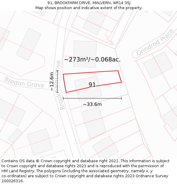 91, BROOKFARM DRIVE, MALVERN, WR14 3SJ: Plot and title map