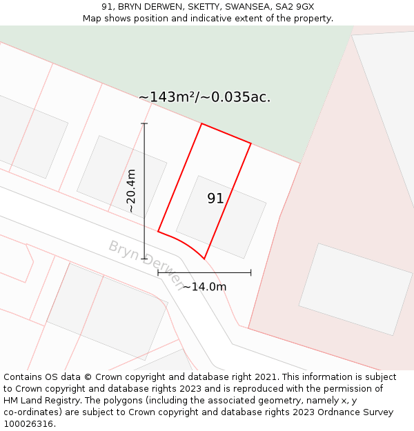 91, BRYN DERWEN, SKETTY, SWANSEA, SA2 9GX: Plot and title map