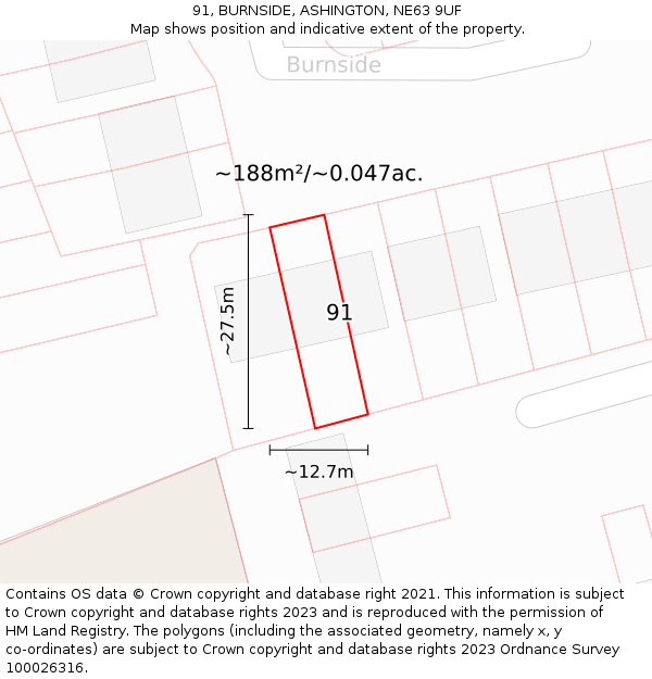 91, BURNSIDE, ASHINGTON, NE63 9UF: Plot and title map