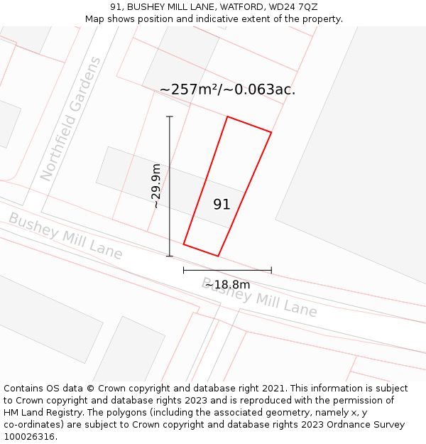 91, BUSHEY MILL LANE, WATFORD, WD24 7QZ: Plot and title map