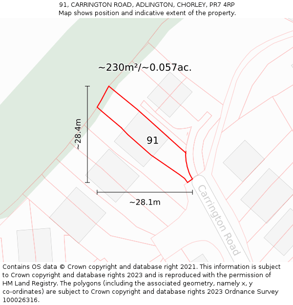 91, CARRINGTON ROAD, ADLINGTON, CHORLEY, PR7 4RP: Plot and title map