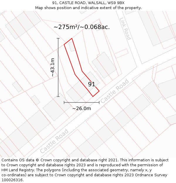 91, CASTLE ROAD, WALSALL, WS9 9BX: Plot and title map