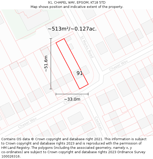 91, CHAPEL WAY, EPSOM, KT18 5TD: Plot and title map