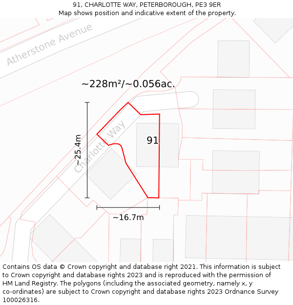 91, CHARLOTTE WAY, PETERBOROUGH, PE3 9ER: Plot and title map