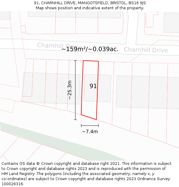 91, CHARNHILL DRIVE, MANGOTSFIELD, BRISTOL, BS16 9JS: Plot and title map