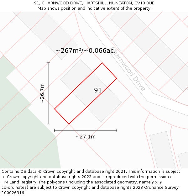 91, CHARNWOOD DRIVE, HARTSHILL, NUNEATON, CV10 0UE: Plot and title map