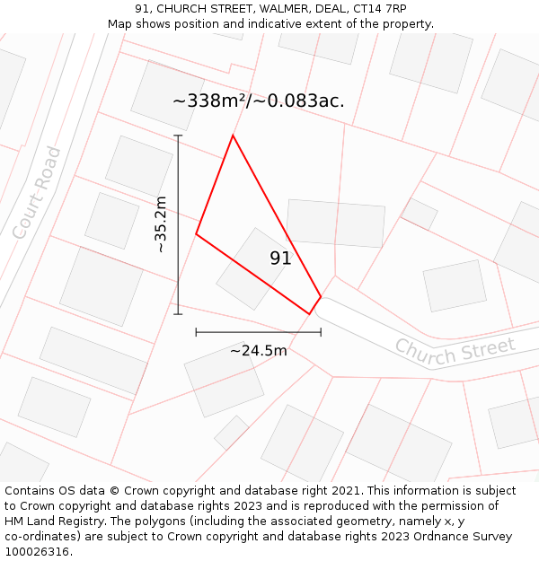 91, CHURCH STREET, WALMER, DEAL, CT14 7RP: Plot and title map