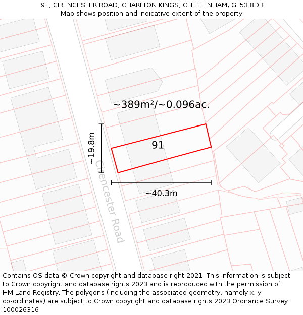 91, CIRENCESTER ROAD, CHARLTON KINGS, CHELTENHAM, GL53 8DB: Plot and title map