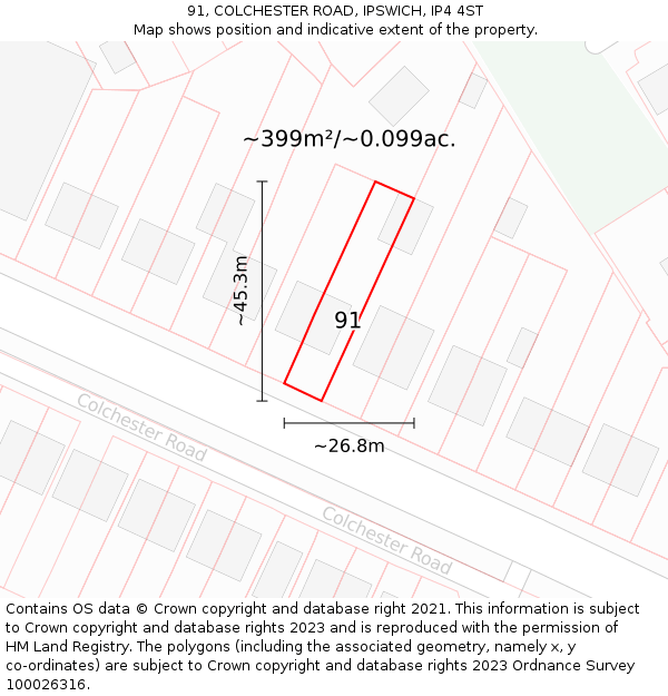 91, COLCHESTER ROAD, IPSWICH, IP4 4ST: Plot and title map