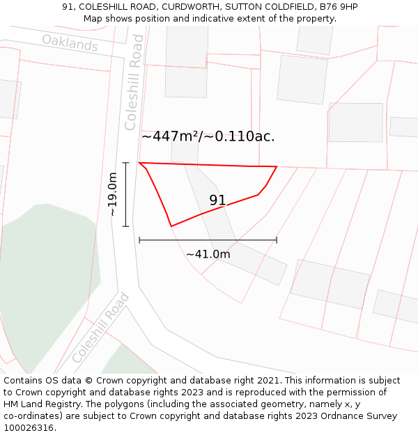 91, COLESHILL ROAD, CURDWORTH, SUTTON COLDFIELD, B76 9HP: Plot and title map