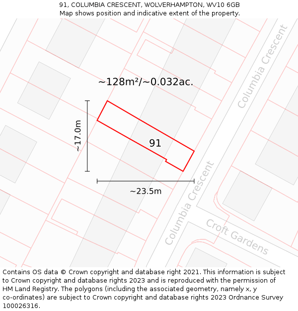 91, COLUMBIA CRESCENT, WOLVERHAMPTON, WV10 6GB: Plot and title map