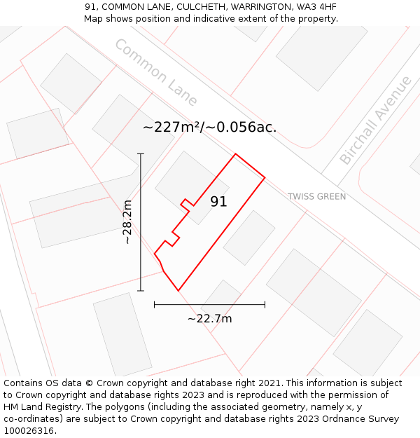 91, COMMON LANE, CULCHETH, WARRINGTON, WA3 4HF: Plot and title map