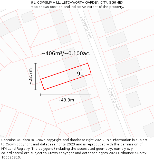 91, COWSLIP HILL, LETCHWORTH GARDEN CITY, SG6 4EX: Plot and title map