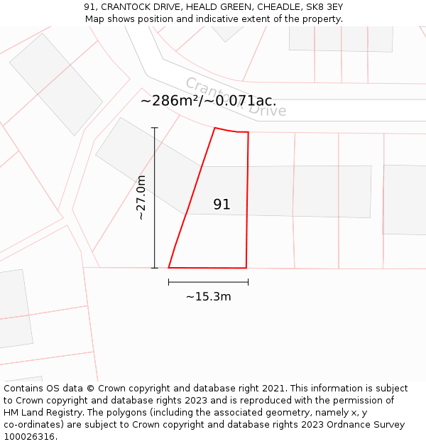 91, CRANTOCK DRIVE, HEALD GREEN, CHEADLE, SK8 3EY: Plot and title map