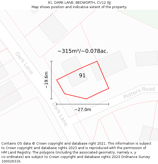 91, DARK LANE, BEDWORTH, CV12 0JJ: Plot and title map