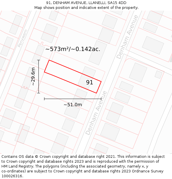 91, DENHAM AVENUE, LLANELLI, SA15 4DD: Plot and title map