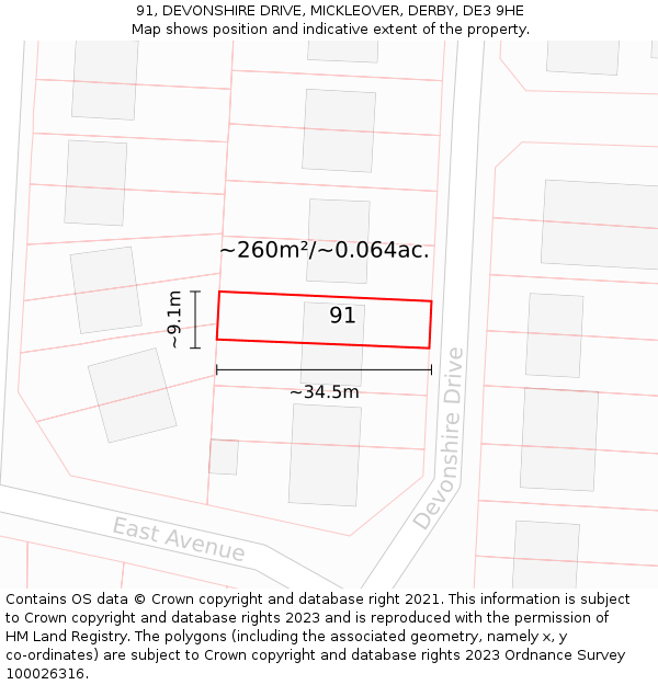 91, DEVONSHIRE DRIVE, MICKLEOVER, DERBY, DE3 9HE: Plot and title map