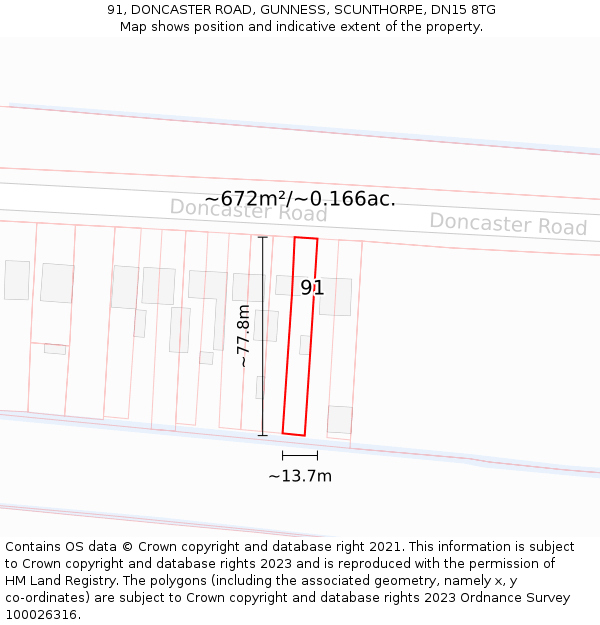91, DONCASTER ROAD, GUNNESS, SCUNTHORPE, DN15 8TG: Plot and title map