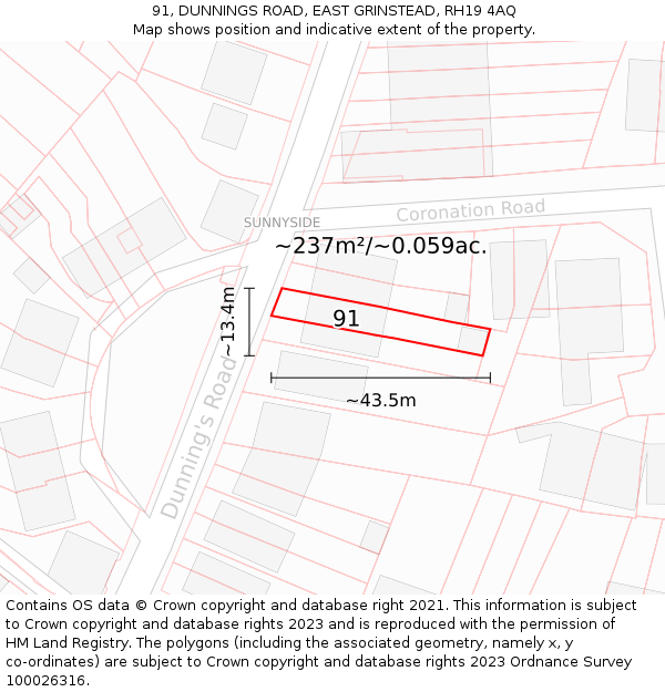 91, DUNNINGS ROAD, EAST GRINSTEAD, RH19 4AQ: Plot and title map