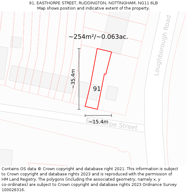 91, EASTHORPE STREET, RUDDINGTON, NOTTINGHAM, NG11 6LB: Plot and title map