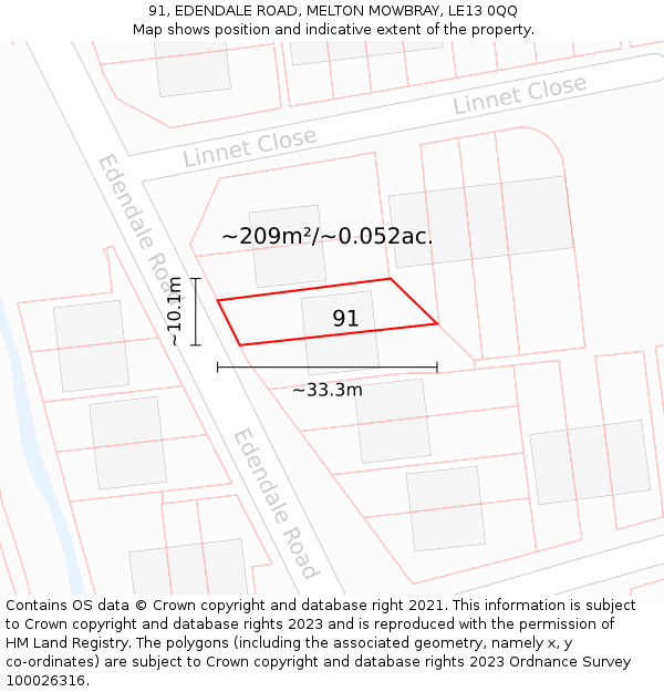 91, EDENDALE ROAD, MELTON MOWBRAY, LE13 0QQ: Plot and title map