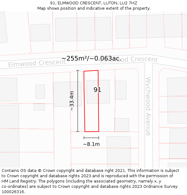 91, ELMWOOD CRESCENT, LUTON, LU2 7HZ: Plot and title map