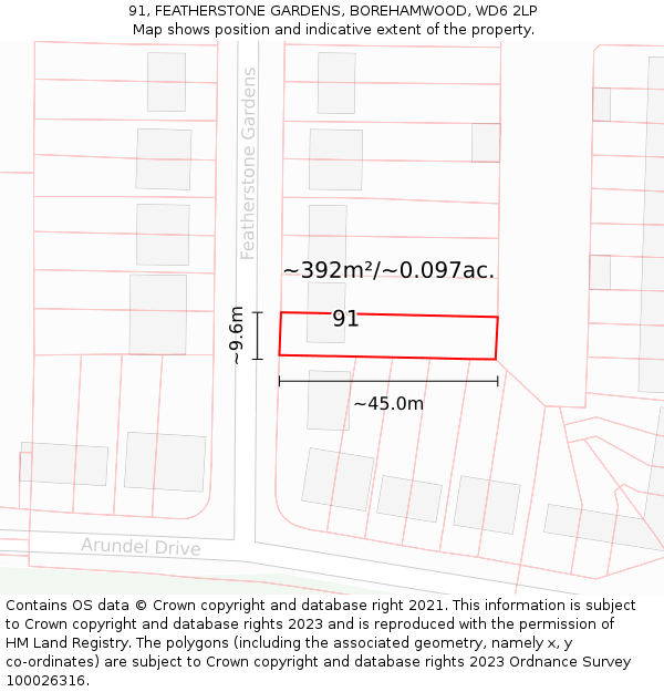 91, FEATHERSTONE GARDENS, BOREHAMWOOD, WD6 2LP: Plot and title map