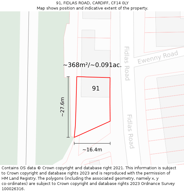 91, FIDLAS ROAD, CARDIFF, CF14 0LY: Plot and title map