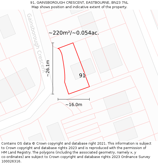 91, GAINSBOROUGH CRESCENT, EASTBOURNE, BN23 7NL: Plot and title map