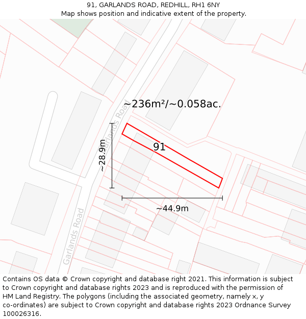 91, GARLANDS ROAD, REDHILL, RH1 6NY: Plot and title map