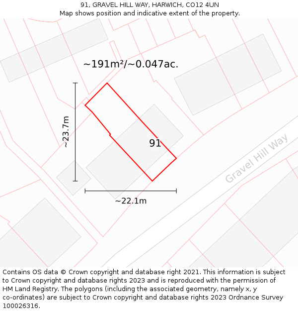 91, GRAVEL HILL WAY, HARWICH, CO12 4UN: Plot and title map