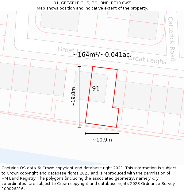 91, GREAT LEIGHS, BOURNE, PE10 0WZ: Plot and title map