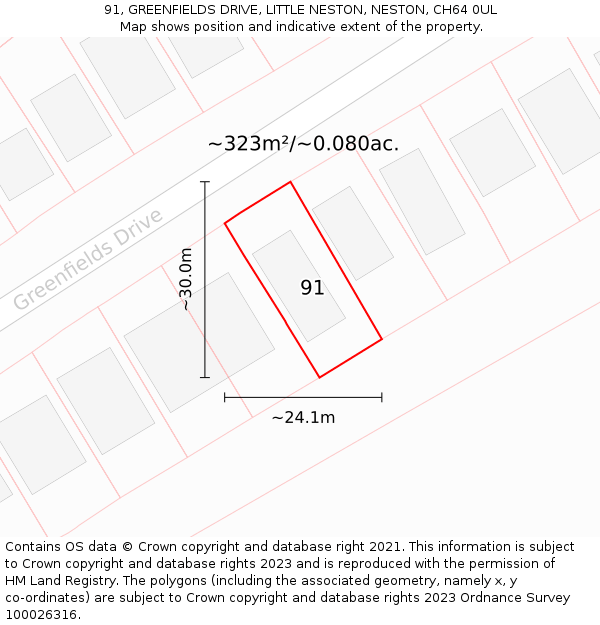 91, GREENFIELDS DRIVE, LITTLE NESTON, NESTON, CH64 0UL: Plot and title map