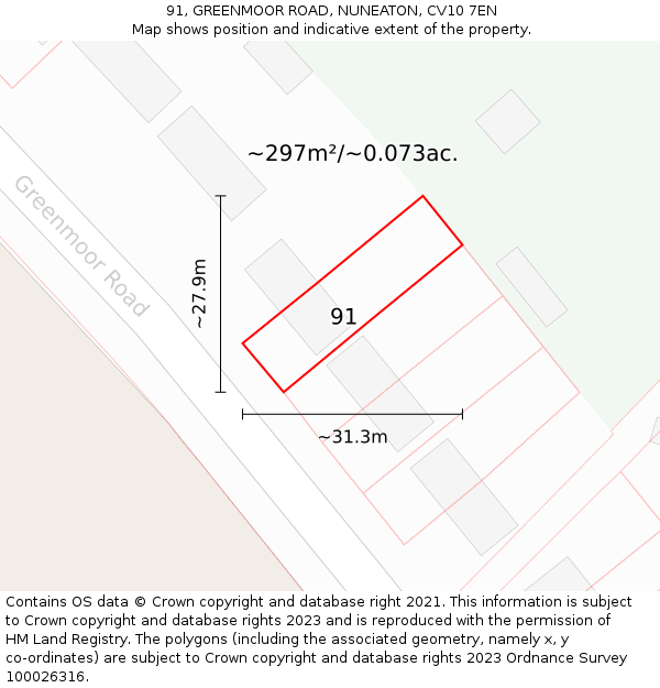 91, GREENMOOR ROAD, NUNEATON, CV10 7EN: Plot and title map