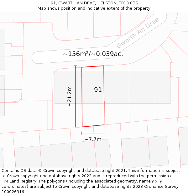 91, GWARTH AN DRAE, HELSTON, TR13 0BS: Plot and title map