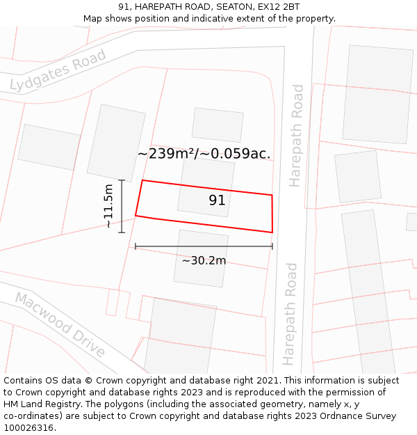 91, HAREPATH ROAD, SEATON, EX12 2BT: Plot and title map