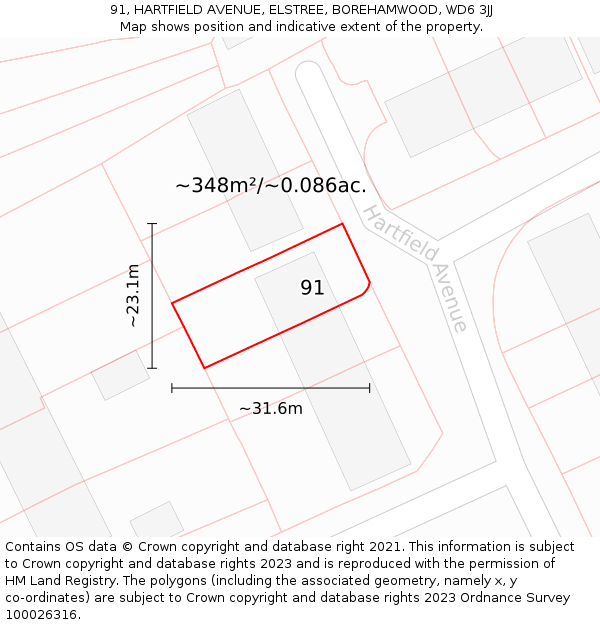 91, HARTFIELD AVENUE, ELSTREE, BOREHAMWOOD, WD6 3JJ: Plot and title map