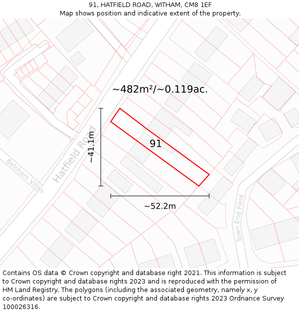 91, HATFIELD ROAD, WITHAM, CM8 1EF: Plot and title map