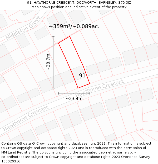 91, HAWTHORNE CRESCENT, DODWORTH, BARNSLEY, S75 3JZ: Plot and title map