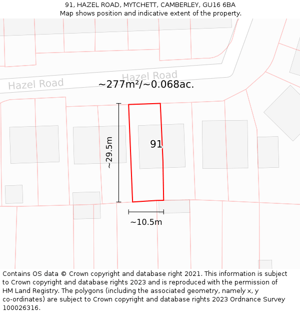 91, HAZEL ROAD, MYTCHETT, CAMBERLEY, GU16 6BA: Plot and title map