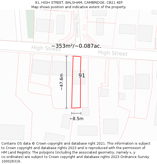 91, HIGH STREET, BALSHAM, CAMBRIDGE, CB21 4EP: Plot and title map