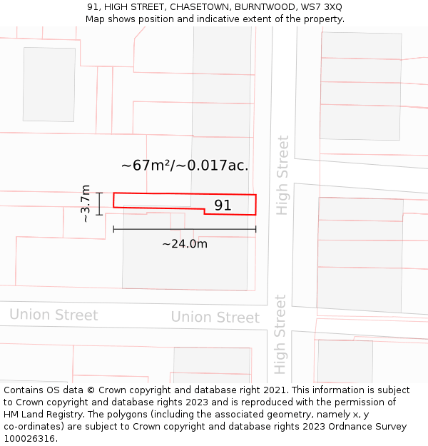 91, HIGH STREET, CHASETOWN, BURNTWOOD, WS7 3XQ: Plot and title map